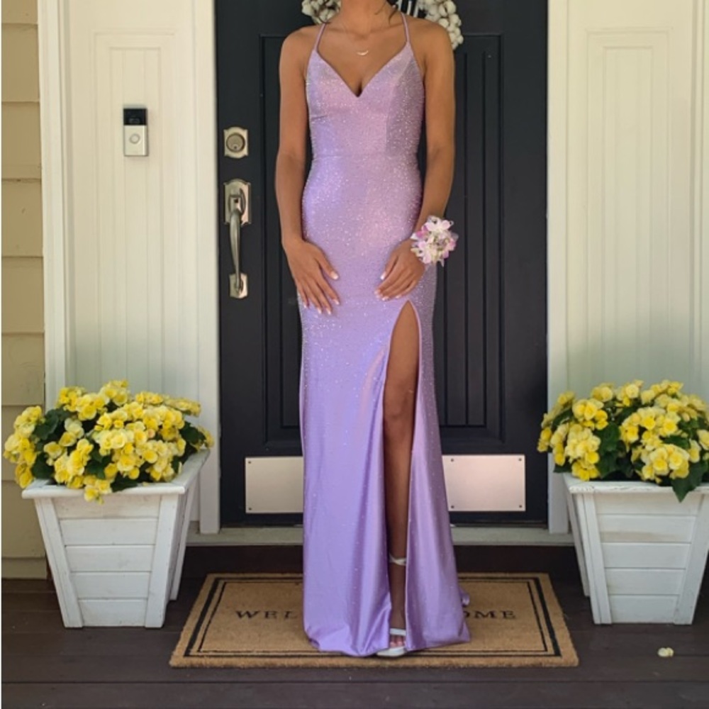 Jovani 08400 Bead Showered Slit Sheath Gown - Lilac